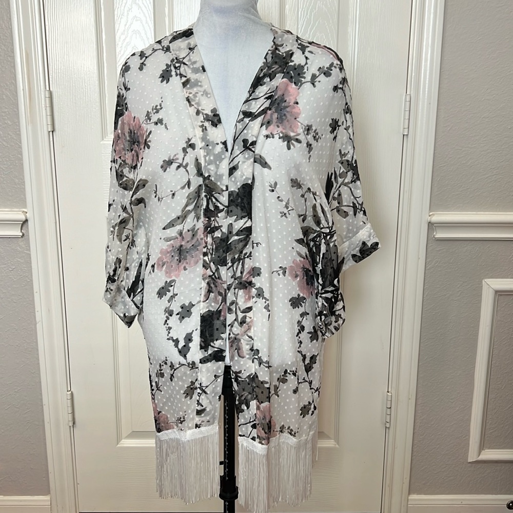 White and Black Kimono Flowered Coverup with Fringe Detail NWOT